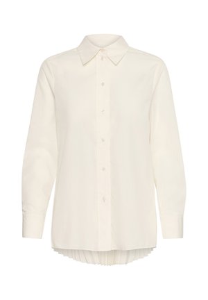 Crème-kleurig shirt met lange mouwen, met knoopsluiting aan de voorkant, een klassieke kraag en een geplooid detail aan de achterkant. Glad materiaal, getailleerde pasvorm.