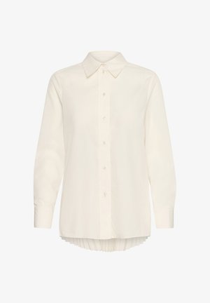 Crème-kleurig shirt met lange mouwen, met knoopsluiting aan de voorkant, een klassieke kraag en een geplooid detail aan de achterkant. Glad materiaal, getailleerde pasvorm.