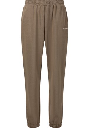Bruine sweatpants met elastische taille en boorden, met een klein wit "ATHLEC" logo op de linkerbovenbeen.