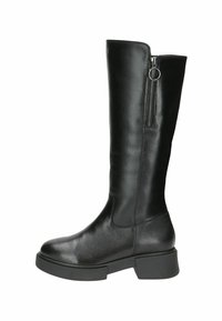 Bota alta de cuero negro con superficie texturizada, cierre lateral con cremallera, suela gruesa y diseño de punta redonda.