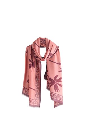 Écharpe rose avec imprimés de palmiers violet foncé et bordures décoratives, drapée en boucle avec des bords frangés sur fond blanc.