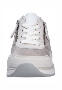 Gray suede sneaker with white laces and a white sole. Features side zippers and smooth detailing on the upper surface. Rounded toe design.