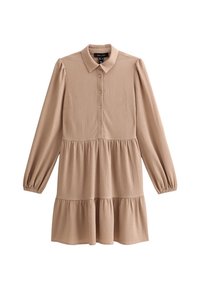 Beige langærmet kjole med krave, knaplukning foran og lagdelt nederdel. Fremstillet af tekstureret stof med elastiske manchetter og sidelommer.