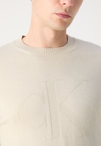 Maglione beige lavorato a maglia con scollatura a girocollo a coste e logo "CK" in rilievo sul davanti, che mostra una texture liscia.