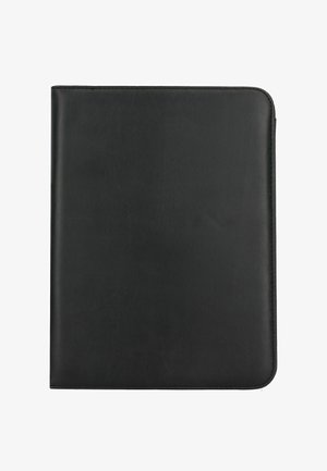 Zwarte leren map met een gladde textuur, rechthoekige vorm en afgeronde hoeken. Heeft een subtiele glans en geen zichtbare metalen onderdelen of accenten.