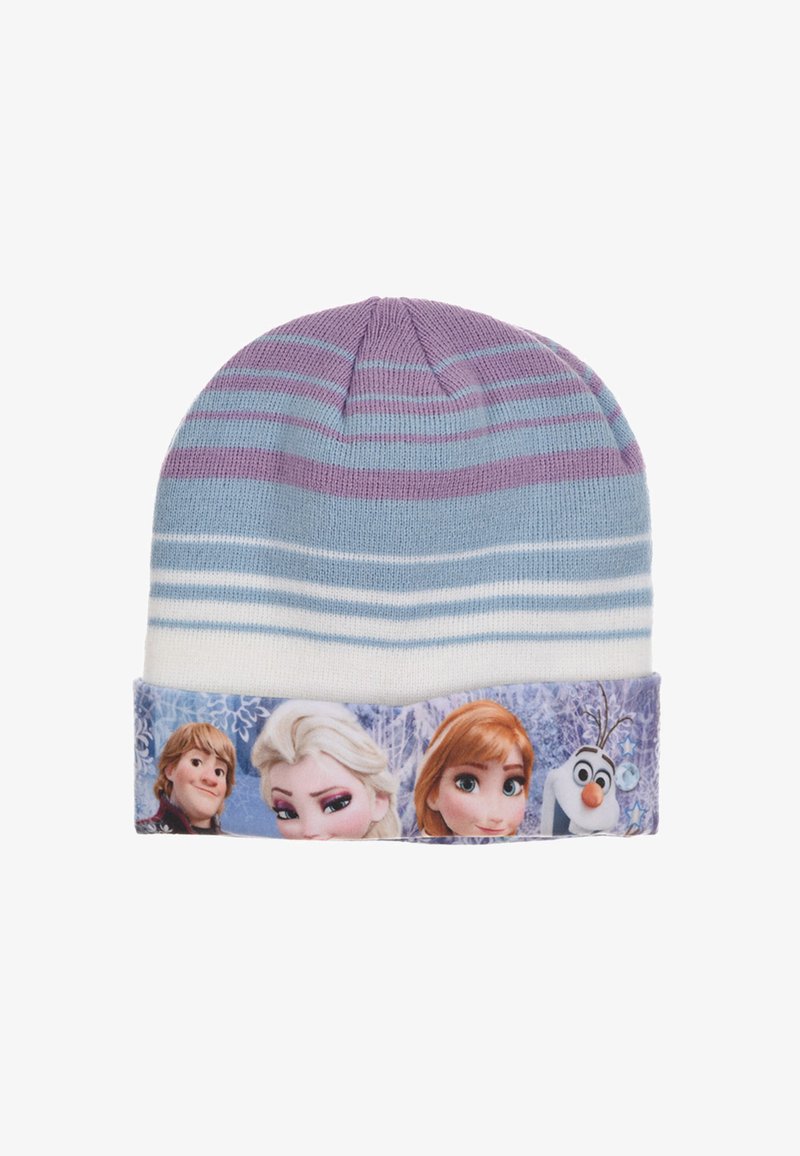Knit winter hat with light purple and blue stripes; features a printed band with characters from a winter-themed animation.