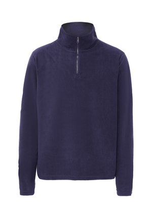 Marineblauer Fleece-Pullover mit hohem Kragen und kurzem Reißverschluss. Weicher Stoff, lange Ärmel und legere Passform.