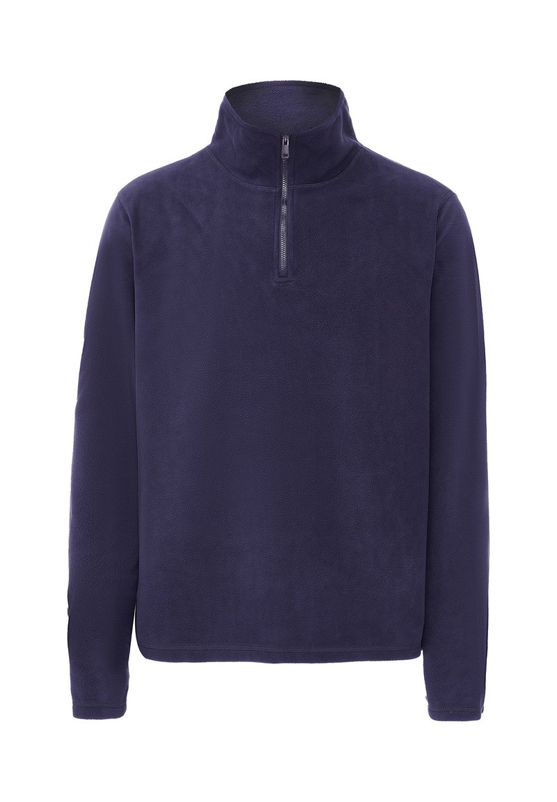 Pullover in fleece blu navy con colletto alto e una zip corta. Texture morbida, maniche lunghe e design comodo.