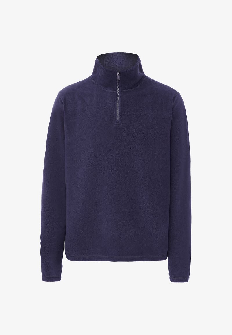 Granatowy polarowy pulower z wysokim kołnierzem i krótkim zamkiem. Miękka faktura, długie rękawy i luźny krój.