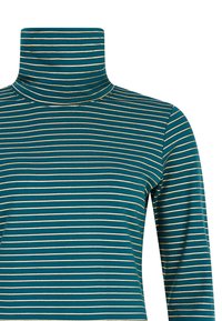 Turquoise coltrui met gouden horizontale strepen, gemaakt van een gladde stof. Heeft een getailleerd ontwerp en lange mouwen.
