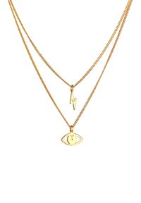 Collier doré en couchure avec un pendentif en forme d'œil et un pendentif en forme d'éclair, tous deux avec une finition lisse. Les chaînes sont fines et texturées.