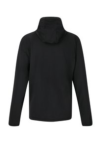 Svart huva jacka med en slät yta, långa ärmar och en avslappnad passform. Har en upphöjd krage och rundad nederkant. Minimalistisk design.