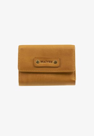 Leather wallet in mustard yellow, rectangular shape, with a snap closure, embossed logo, and brass-tone hardware accents.