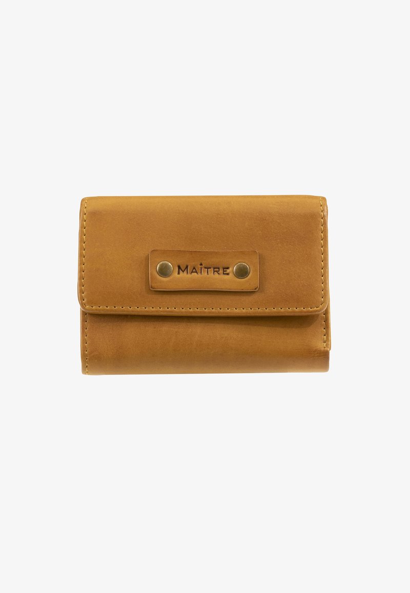 Portafoglio in pelle di colore giallo senape, forma rettangolare, con chiusura a scatto, logo impresso e accenti in hardware color ottone.