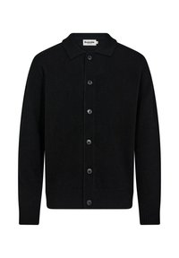 Sort strikket cardigan med krave, frontknaplukning og ribbede manchetter. Lavet af blødt materiale med en glat tekstur.