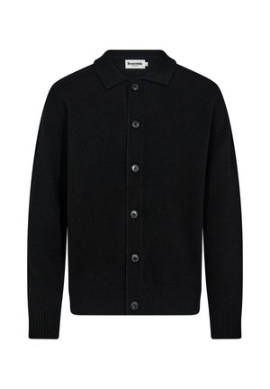 Schwarze Strickjacke mit Kragen, Knopfverschluss vorne und gerippten Bündchen. Hergestellt aus weichem Material, das eine glatte Textur aufweist.