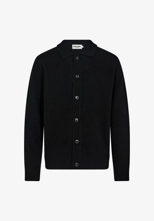 Sort strikket cardigan med krave, frontknaplukning og ribbede manchetter. Lavet af blødt materiale med en glat tekstur.