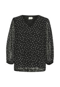 Blouse noire avec un col en V, en tissu semi-transparent et manches bouffantes trois-quarts. Présente des pois blancs et des poignets élastiqués.
