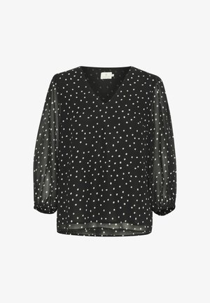 Blusa nera con scollo a V, tessuto semitrasparente e maniche a sbuffo tre quarti. Caratterizzata da pois bianchi e polsini elastici.
