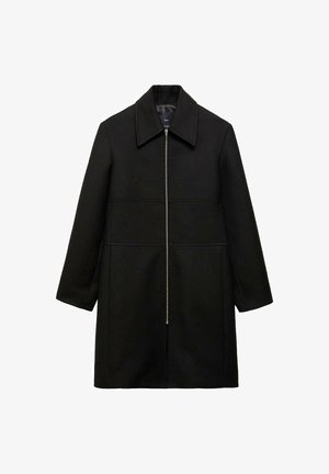 Czarny płaszcz z mieszanki wełny, prosty krój, z dużym kołnierzem i zamek z przodu. Charakteryzuje się gładką fakturą i długimi rękawami. Wyraziste przeszycia.