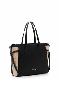 Sac fourre-tout noir en cuir texturé avec des accents en beige tissé. Poignées doubles et bandoulière réglable incluses.