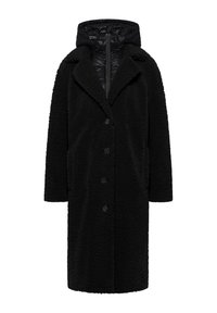 Zwarte lange jas met een gestructureerde, harige buitenkant, voorzien van een ritskap, knoopsluiting en twee voorzakken.