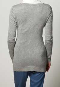 Grå långärmad stickad topp med figurnära passform, som har en rundad halsringning och ribbad sidsöm, bärs över blåa byxor. Slät textur.