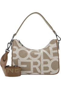 Sac en toile beige avec une inscription "BOGNER" en lettres blanches audacieuses, forme courbée, sangle réglable marron et accents en métal argenté.