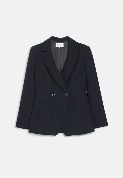 Blazer noir cintré à double boutonnage avec revers à crans et manches longues présenté sur fond blanc.