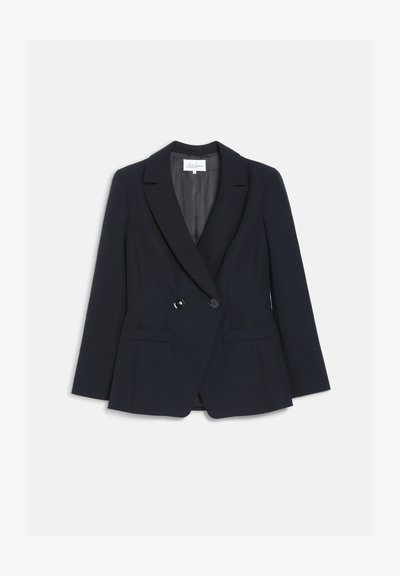 Blazer noir cintré à double boutonnage avec revers à crans et manches longues présenté sur fond blanc.