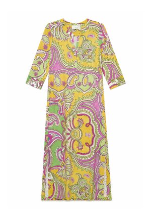Vestito a maniche lunghe, lunghezza al ginocchio, con vivace motivo paisley in giallo, rosa, verde e bianco, con scollo rotondo e spacco frontale.