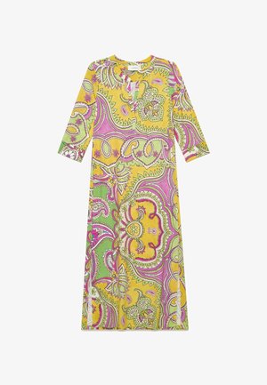 Vestito a maniche lunghe, lunghezza al ginocchio, con vivace motivo paisley in giallo, rosa, verde e bianco, con scollo rotondo e spacco frontale.
