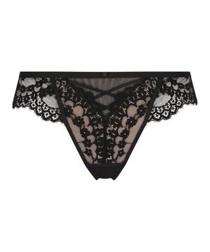 Schwarzer Spitze-Tanga mit floralen Mustern, durchsichtigen Netzbereichen, gewelltem Rand und einem schmalen Bündchen mit einem kleinen schwarzen Knopfdetail.