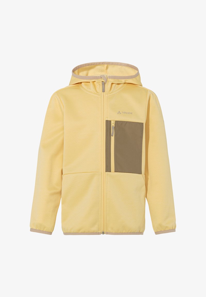 Chaqueta amarilla clara con cierre, con una superficie texturada, presenta un bolsillo en el pecho de color marrón, capucha y puños y dobladillo elásticos. Logotipo de la marca en el pecho.