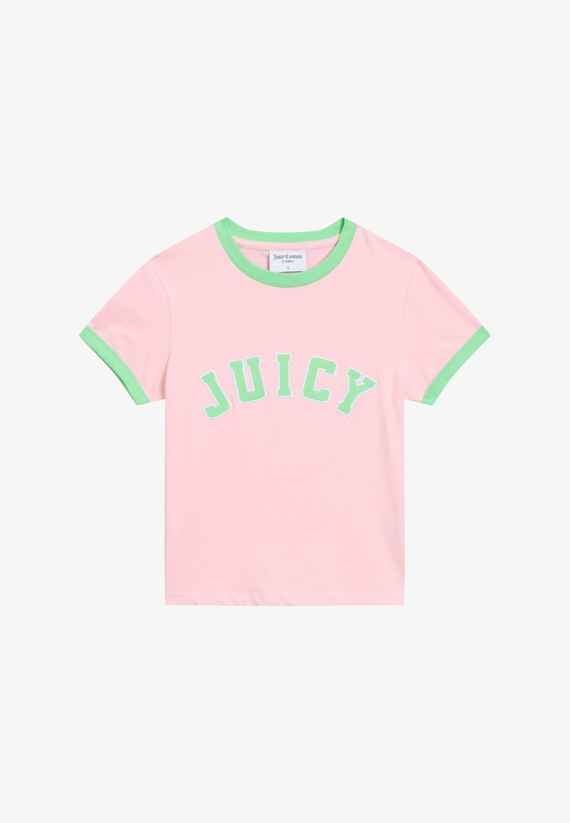 T-shirt en coton rose avec col et poignets côtelés verts. Présente le texte "JUICY" en vert clair sur le devant, dans un style incurvé.
