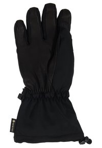 Schwarze Handschuhe mit Lederhandfläche und Stoffrücken. Elastischer Bund mit verstellbarem Stopper für einen perfekten Sitz. GORE-TEX Label sichtbar.