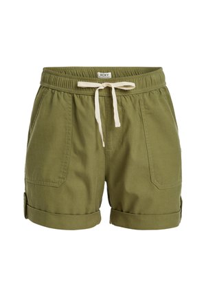 Olivgrüne Shorts mit elastischem Bund, verstellbarem Kordelzug, umgeschlagenen Säumen und zwei vorderen Taschen. Hergestellt aus einem leichten Stoff.