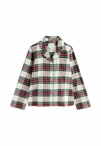 Plaid pajama shirt featuring a mix of red, green, and blue lines on a white background. Long sleeves, collar, and front button closure.
