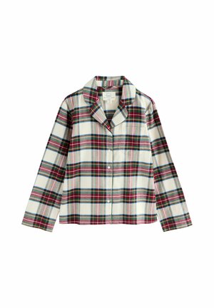 Cămașă de pijama cu carouri, prezentând o combinație de linii roșii, verzi și albastre pe un fundal alb. Mâneci lungi, guler și închidere prin butoni în față.
