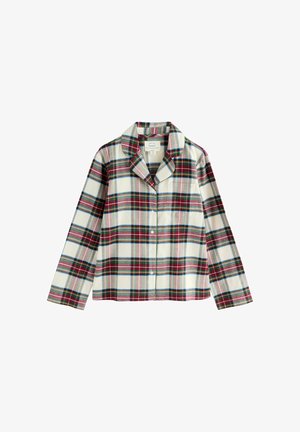 Plaid pajama shirt featuring a mix of red, green, and blue lines on a white background. Long sleeves, collar, and front button closure.