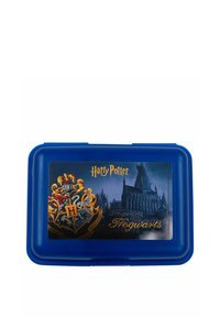 Blaue Plastikbrotdose mit einem Hogwarts-Schloss-Design in Gold- und Rottönen sowie dem Text "Harry Potter" auf dem Deckel.