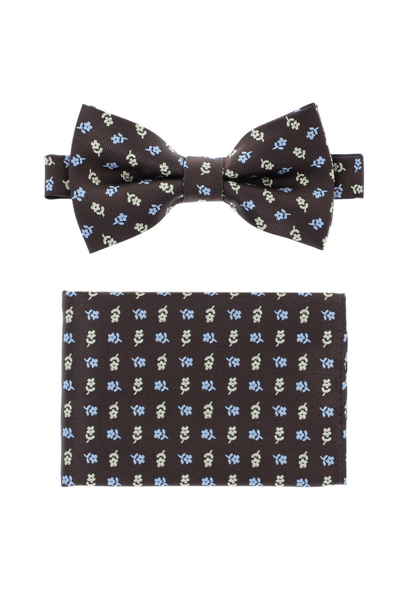 Brązowy muszka i pasująca poszetka z małym niebieskim i kremowym wzorem kwiatowym. Muszka ma klasyczny kształt z regulowanym paskiem.