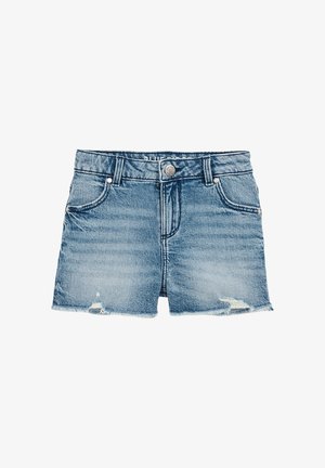 Világoskék mosású farmer rövidnadrág, elhasználódott szegéllyel és klasszikus öt zsebes dizájnnal. Elöl gombos záródással és övhurkokkal rendelkezik.