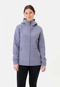 Light purple fleece jacket with a hood, front zipper, and two side pockets. Features a textured fabric and fitted design with long sleeves.