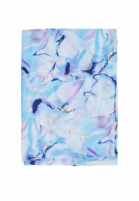 Foulard leggero con un design astratto in sfumature di blu e viola, con dettagli dorati. Texture morbida e forma rettangolare.