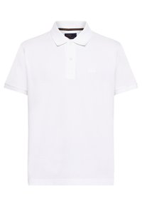 Biele polo tričko vyrobené z bavlny s klasickým golierom, s dvojitým gombíkom a malým logom na hrudi. Krátke rukávy a rovný lem.
