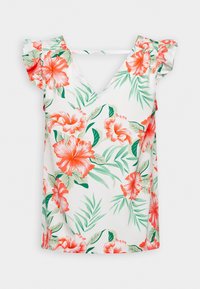 Blouse à manches courtes en tissu blanc, avec un motif floral composé de fleurs d'hibiscus orange et de feuilles vertes, décolleté en V.