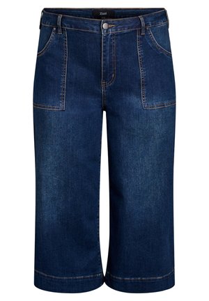 Dark blue denim culottes feature a high waist, two front pockets, visible stitching, and a wide-leg design ending below the knee.