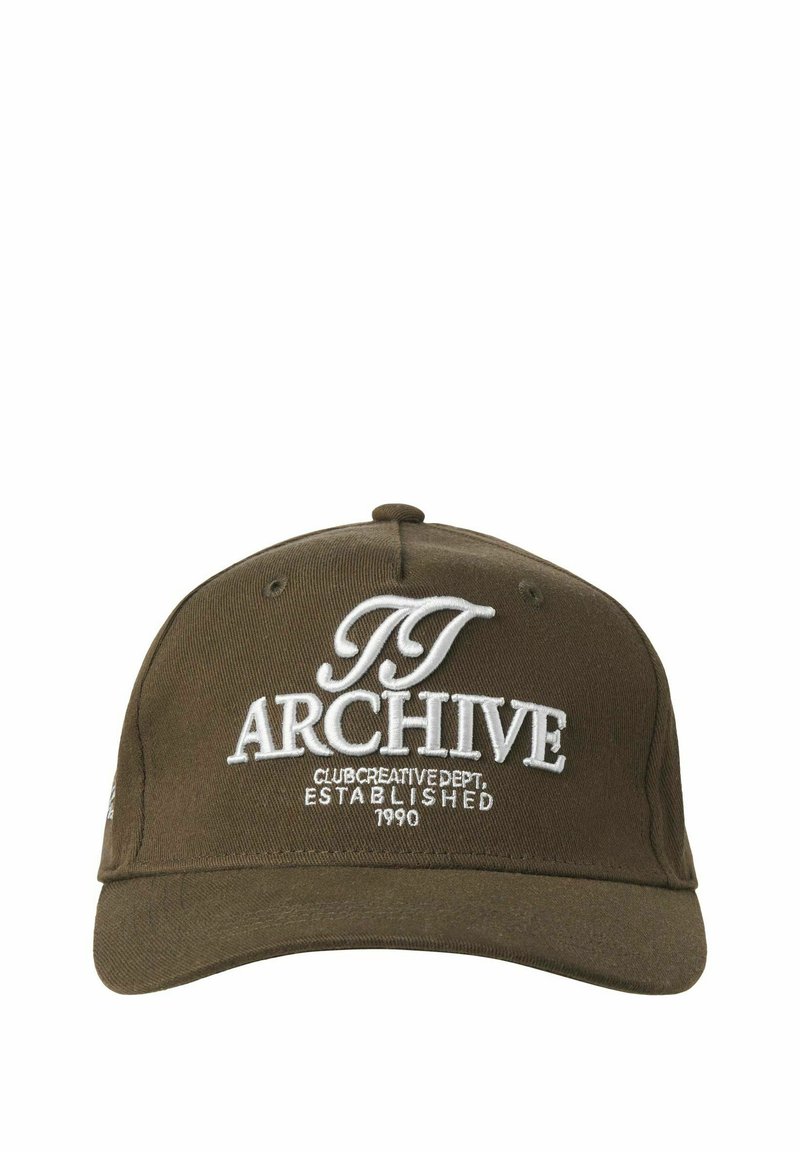 Olive green cap with a curved brim, featuring white embroidered text "ARCHIVE CLUB CREATIVE DEPT. ESTABLISHED 1990" on the front.