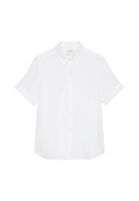 Biała koszula z krótkim rękawem, wykonana z lnu. Posiada zapięcie na guziki z przodu oraz klasyczny kołnierzyk. Gładka tekstura i luźny krój.